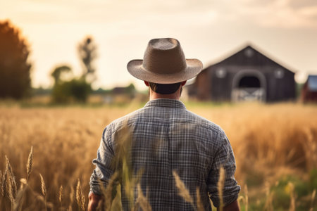 Farmer is wearing a hat in a wheat field, back view. AI generatedの素材
