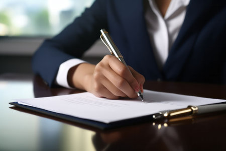 Businesswoman write on a white paper sheet, close up. Singing documents. AI generativeの素材