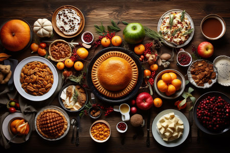 Thanksgiving table with a traditional food, top view. AI generatedの素材