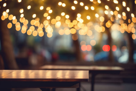 Evening outdoor cafe table display. Empty brown wooden table in front of bokeh background of shiny warm garlands. AI generativeの素材