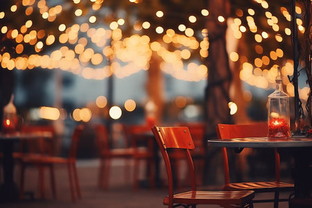 Street restaurant. Evening cafe with a warm garlands. AI generativeの素材