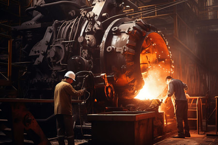 Workers on a factory use heavy metallurgical equipment. AI generatedの素材