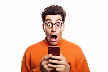 Surprised handsome man with a smartphone on a simple background. AI generativeの素材