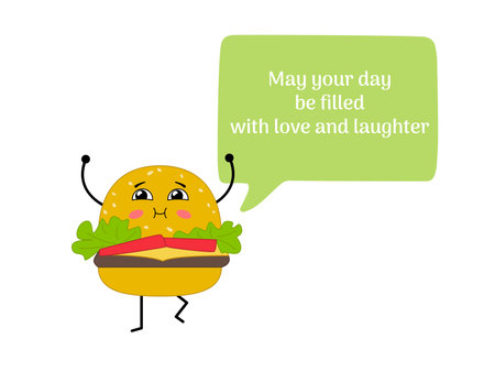 Kawaii burger with a big speech bubble and cute quote. Cartoon character classic hamburger. Vector illustration isolated on white backgroundのイラスト素材