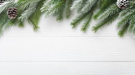 Christmas flat lay with a green fir tree branches on white wooden background with a copy space, top view. AI generatedの素材