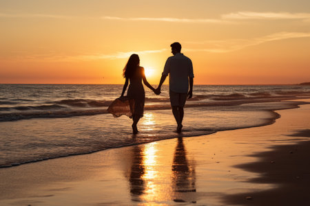 Young happy couple walks on beach at sunset, back view. AI generativeの素材