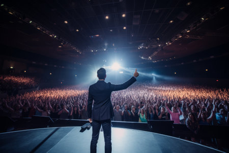 Motivational speaker man on a on stage in front of the auditorium. AI generativeの素材