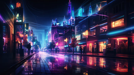 Defocused night city street with a neon lights. AI generatedの素材