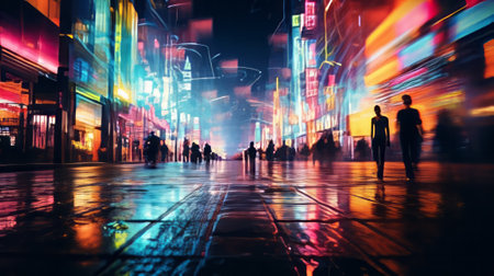 Defocused night city street with a neon lights. AI generatedの素材