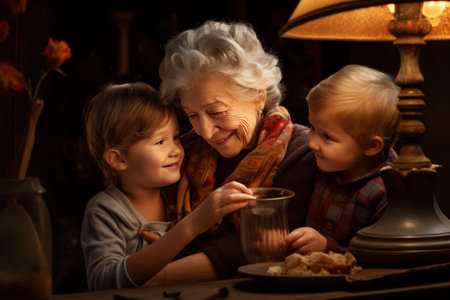 Grandma and kids at home. AI generatedの素材
