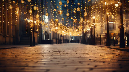 Festive golden illumination on an evening city street. Warm garland in a town. AI generatedの素材