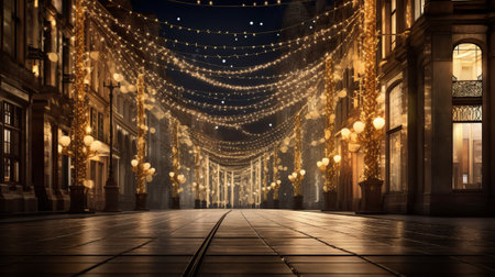 Festive golden illumination on an evening city street. Warm garland in a town. AI generatedの素材