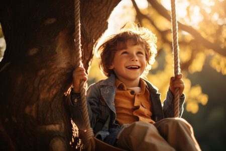 Happy kid boy on a swing on the tree in a summer day. AI generatedの素材