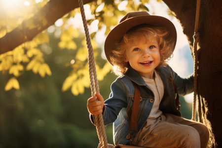 Happy kid boy on a swing on the tree in a summer day. AI generatedの素材