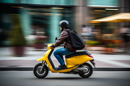 A delivery man rides a scooter on a city street. AI generatedの素材