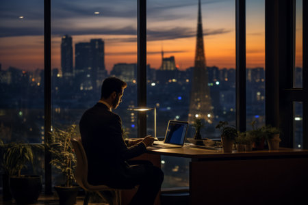 Working late in an office: Businessman using laptop at her desk in the evening near the big window. AI generativeの素材