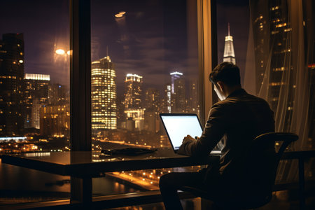 Working late in an office: Businessman using laptop at her desk in the evening near the big window. AI generativeの素材