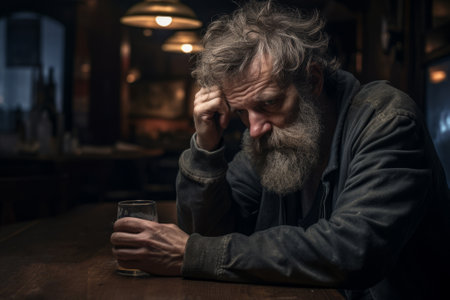 Sad old man drink alone. AI generativeの素材