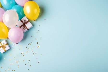 Birthday background with a balloons, gift boxes and a copy space. AI generativeの素材