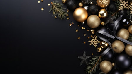 Christmas background with a gift boxes. Luxury festive black and golden flat lay with a copy space. AI generativeの素材