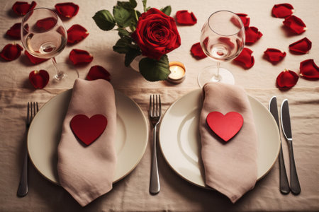 Romantic dinner - table served for the Valentines day celebrating. AI generativeの素材