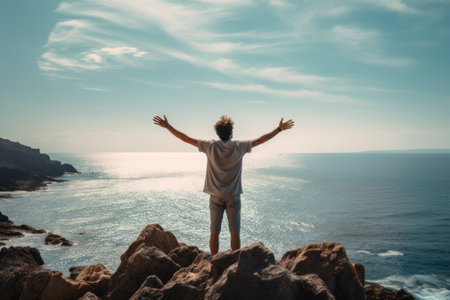 Carefree man with arms outstretched standing near the sea, back view. AI generativeの素材