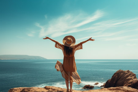 Carefree woman with arms outstretched standing near the sea, back view. AI generativeの素材