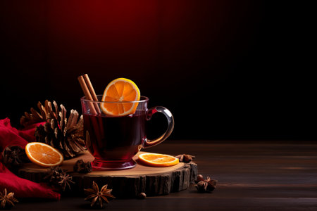 Warm mulled wine in a transparent mug on a dark background. AI generativeの素材