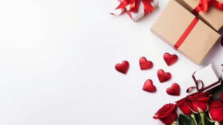 Valentines day flat lay - roses, gifts and hearts on a light color background with a copy space. AI generativeの素材