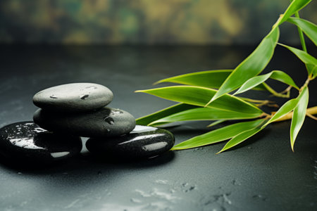 SPA composition - bamboo leaves and black stones. AI generativeの素材