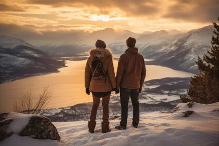 Happy couple standing on the edge of a scenic snowy landscape, They are holding hands and looking into the distance, with a backdrop of snow-capped mountains and a setting sun. AI generativeの素材