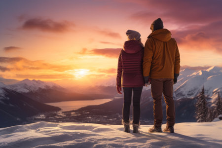 Happy couple standing on the edge of a scenic snowy landscape, They are holding hands and looking into the distance, with a backdrop of snow-capped mountains and a setting sun. AI generativeの素材
