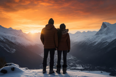 Happy couple standing on the edge of a scenic snowy landscape, They are holding hands and looking into the distance, with a backdrop of snow-capped mountains and a setting sun. AI generativeの素材