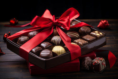 Luxurious box of assorted chocolates with a red ribbon bow. The chocolates are beautifully arranged, and their rich, selectable textures and flavors are prominently displayed. AI generativeの素材