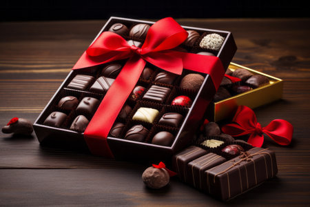 Luxurious box of assorted chocolates with a red ribbon bow. The chocolates are beautifully arranged, and their rich, selectable textures and flavors are prominently displayed. AI generativeの素材