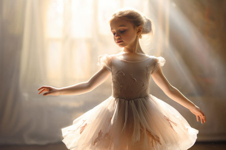 Little kid girl ballerina dance in a studio. AI generativeの素材
