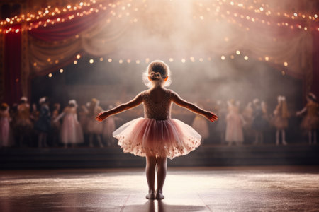 A little girl ballerina goes on the big stage, rear view. AI generativeの素材