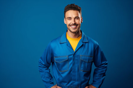 Smiling man in overalls. Portrait of an auto mechanic on a plain blue background. AI generativeの素材