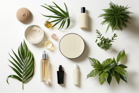 Aesthetic flat lay with a various cosmetic packages, flowers and leaves. AI generativeの素材