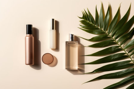 Aesthetic flat lay with a blank cosmetic bottle and green leaves. AI generativeの素材