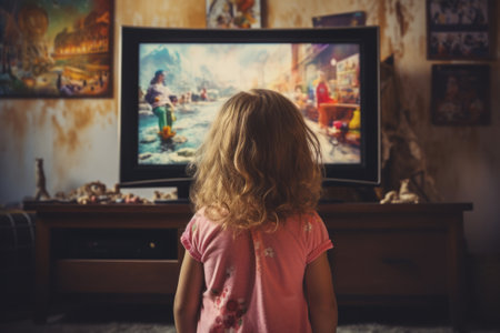 Little girl watching a TV at home, back view. AI generativeの素材