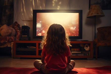 Little girl watching a TV at home, back view. AI generativeの素材