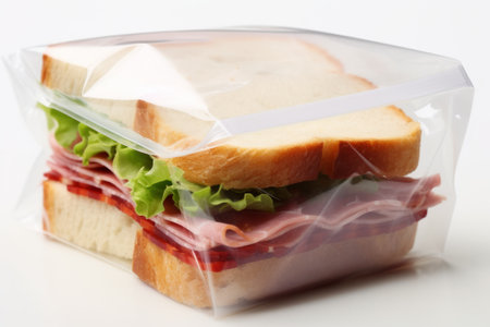 Sandwich with meat and vegetables in transparent packaging on a white background. AI generativeの素材