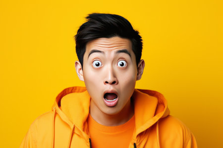 Surprised young Asian man studio portrait. AI generativeの素材