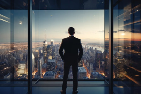 A successful businessman in a suit looks out the window at the cityscape from an office in a skyscraper, back view. AI generativeの素材