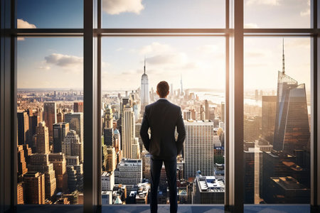 A successful businessman in a suit looks out the window at the cityscape from an office in a skyscraper, back view. AI generativeの素材