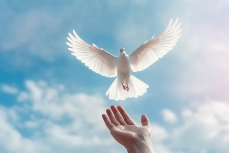 A white pigeon flies in the sky and human hand. Dove of peace. AI generativeの素材