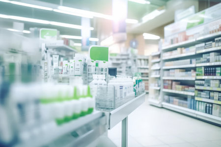 Pharmacy store blurred background without people. AI generativeの素材