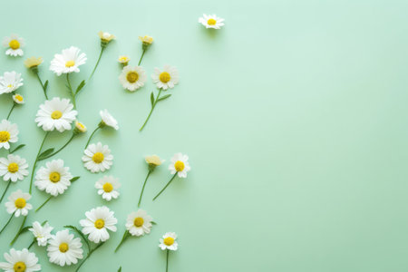 Spring flowers flat lay on a light-green background with a place for text. AI generativeの素材