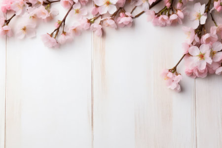 Spring flowers flat lay on a white wooden background with a place for text. AI generativeの素材